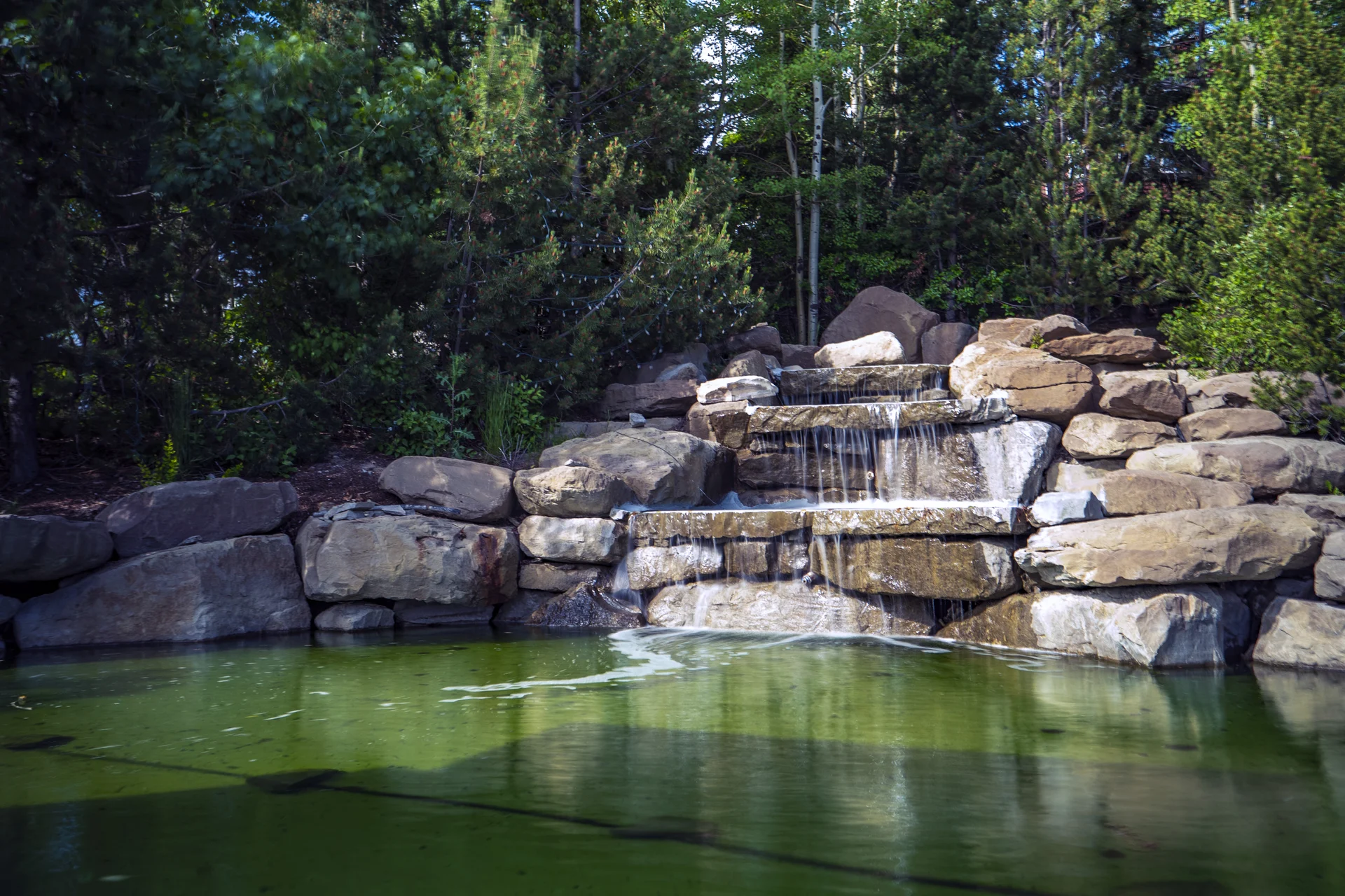 Photograph of Royal Oak stone waterfall and ornamental pool