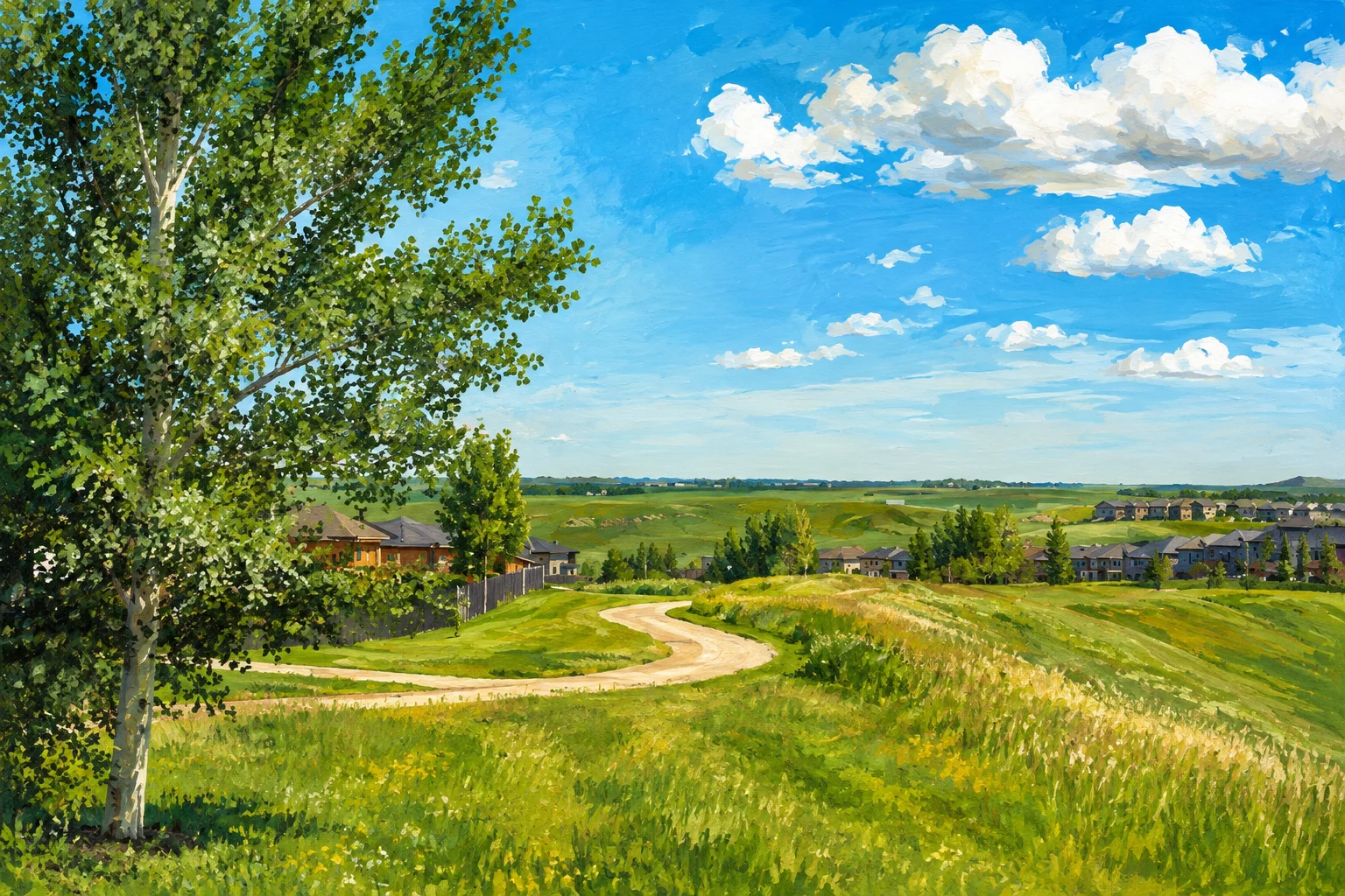 Painted view of Sage Hill meadow and winding pathway