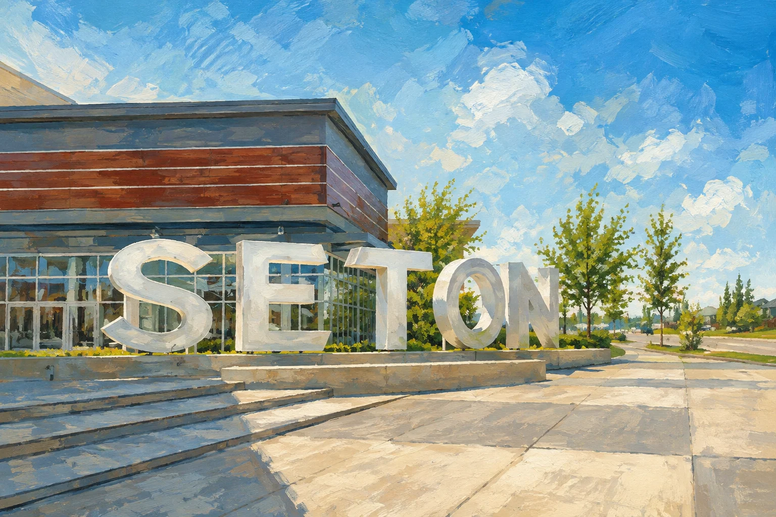 Painted view of Seton sculptural letters and urban plaza