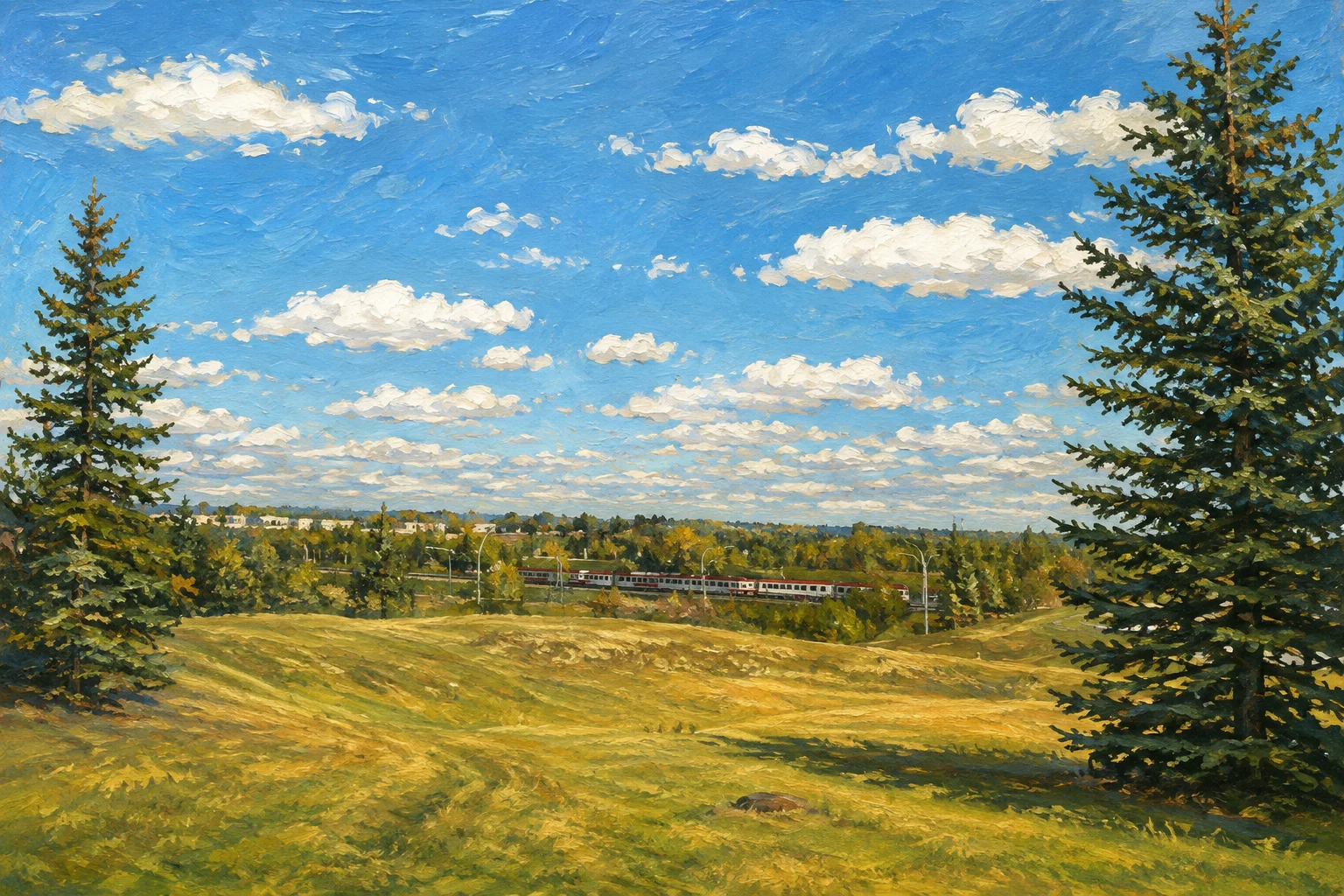 Painted view of Shawnee Slopes grassy landscape and distant CTrain