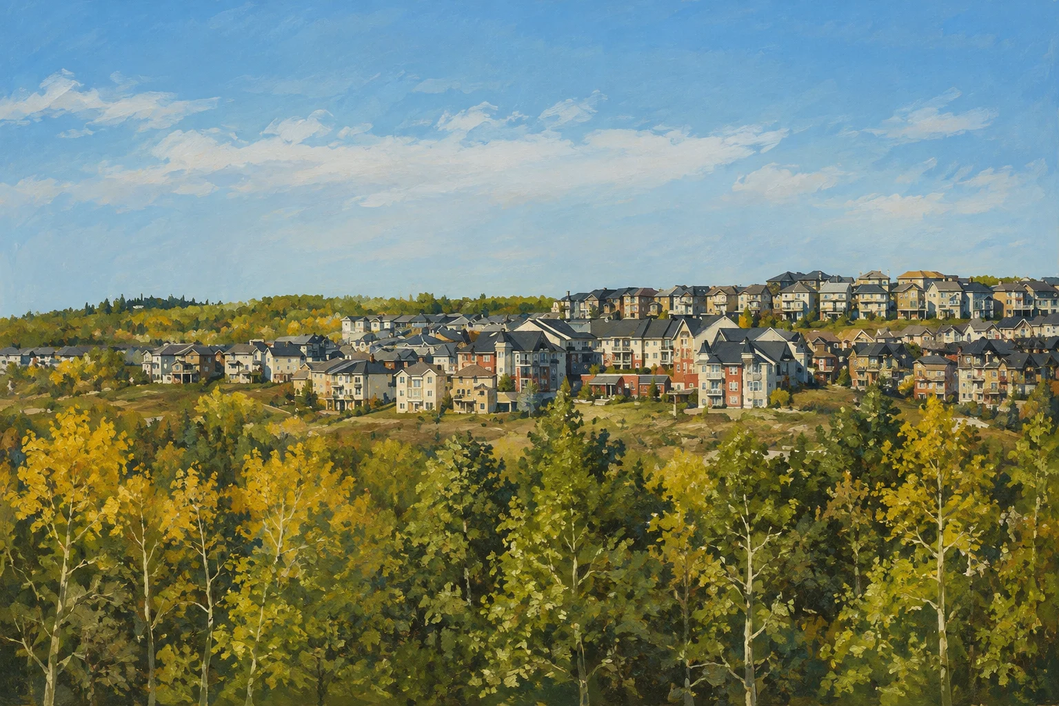 Painted view of Springbank Hill wooded ravine and hillside homes