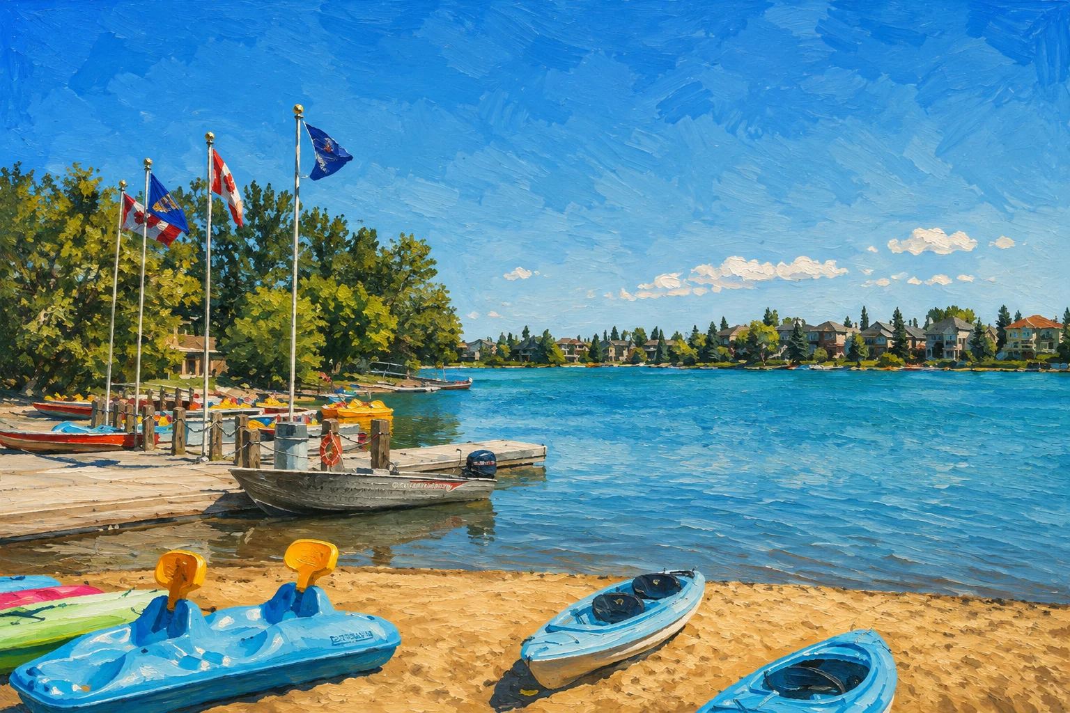 Painted view of Sundance lake, beach, kayaks and dock