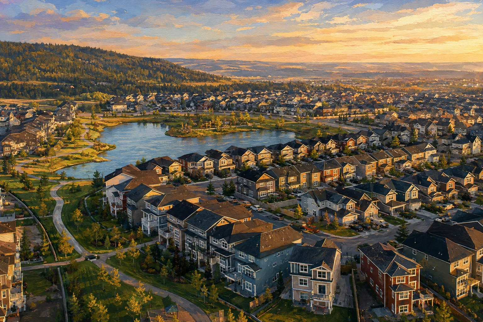Painted view of Sunset Ridge pond, curving pathways and Cochrane hills