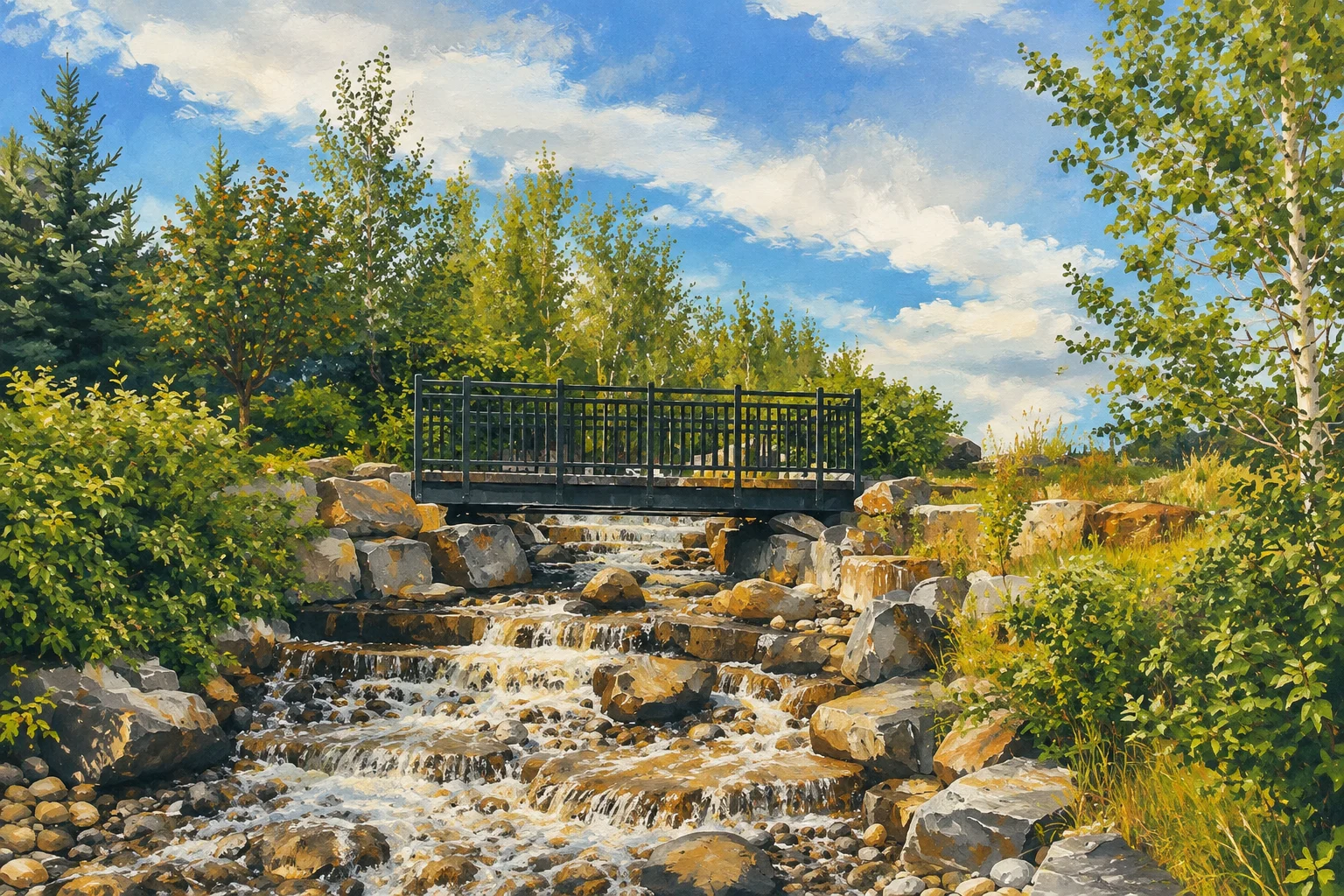 Painted view of Watermark at Bearspaw pedestrian bridge and rock cascade